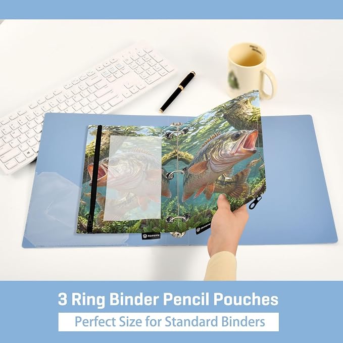 Largemouth Bass Fish Pencil Pouches for 3 Ring Binder, Zipper Binder Pencil Case, 2 Pack Clear Window Case Bag for Office Organizers