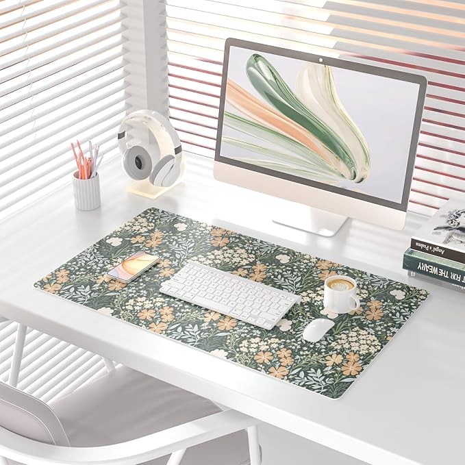 Colorful Star Green Floral Leather Desk Mat, Non-Slip Mouse Pad 31.5"x15.7" | Keyboard Gaming Desk Pads for Office, Desk Décor Large Blotter Writing Pad, Desk Accessories for Women Men