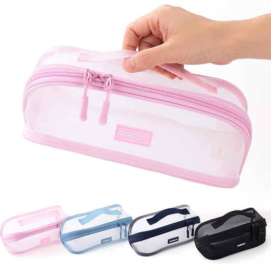 CICIMELON Transparent Mesh Pencil Pouch with Handle Big Case Clear Pen Bag College Essentials School Supplies, Pink