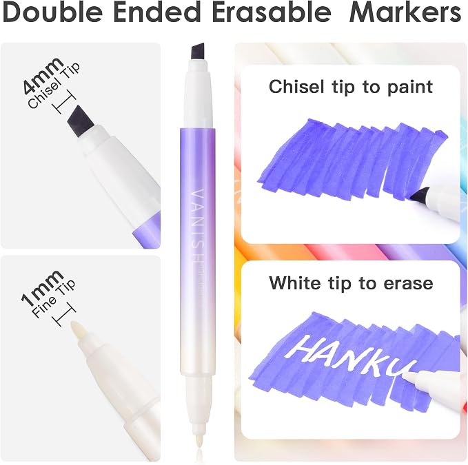 HANKU Erasable Highlighters Assorted Colors 12 Pack, Dual Tip Erasable Markers Pens, Chisel Tip Smooth Writing Highlighters Journaling Supplies Planner Accessaries