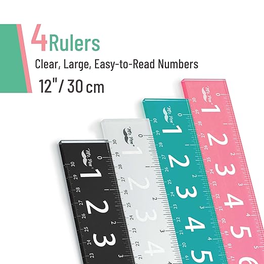 Mr. Pen- Plastic Rulers with Large Numbers, 4 Pack, 12 Inch | Easy-to-Read Markings, Scratch-Resistant Design, Durable Ruler for Crafting Office & School, Colorful Rulers for Kids