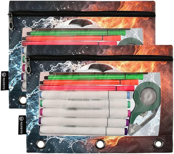 ALAZA Pencil Pouch for 3 Ring Binder, Fire Soccer Binder Pencil Pouches with Clear Window Zipper Pencil Case Cosmetic Bags for Office College Supplies, 2PCS