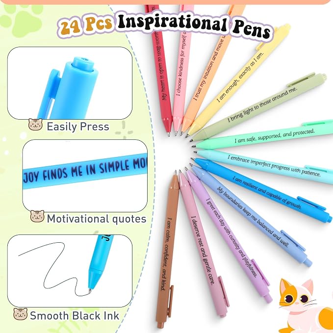Mooliwe 48 Pcs Positive Affirmation Gift Set Gratitude Notebooks with Pens Small Bags Motivational Encouragement Notepads Daily Affirmations Journal for Women Stress Relief Self Care (Cat)