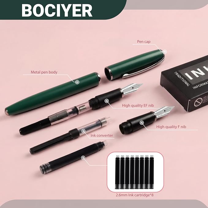 Super Smooth Writing Fountain Pen Set,Includes 2 Hand Polished Iridium Nibs(Fine & Extra Fine),8 Ink Cartridges,2 Ink Refill Converter and Gift Box,Best Pen Gift Set for School,Office(green)