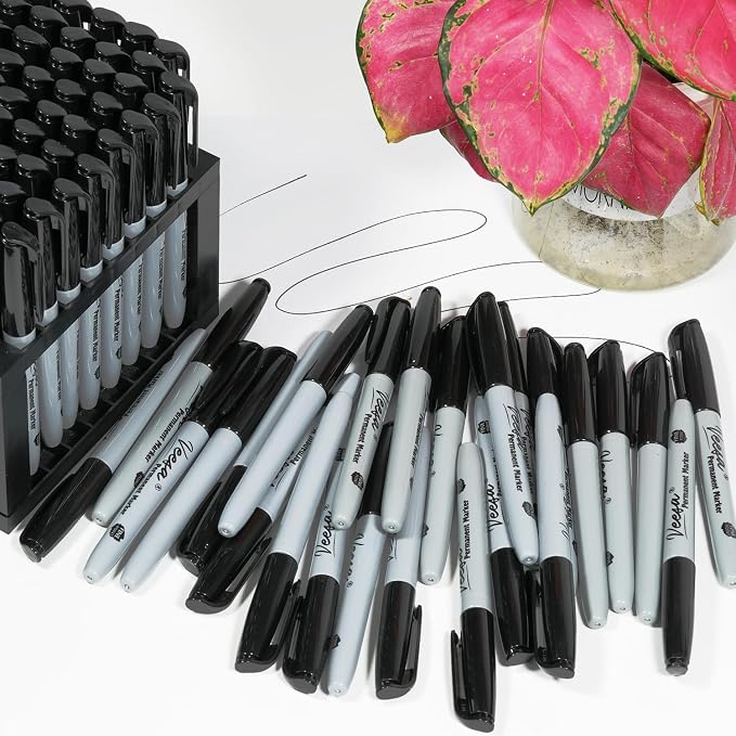 VEESA Black Permanent Markers Fine Tip, 75 Count, Quick Drying | Water- & Fade-Resistant, Marks on Wood Plastic Paper Metal