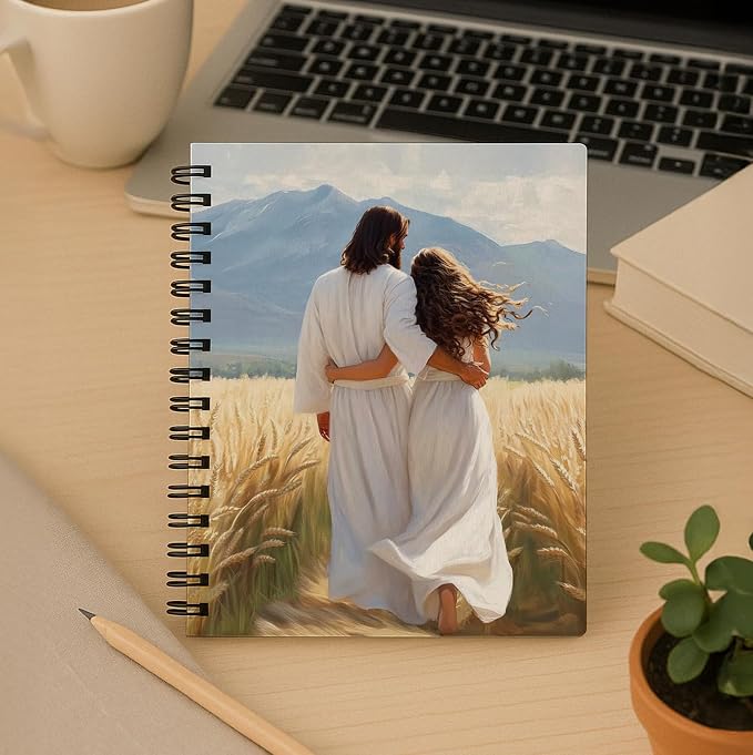 bitCNY Christian Journal Notebook – Jesus Walking with Woman in Wheat Field – Faith Based Spiral Notebook for Women, Spiral Bound 5.5x8.3 Inches