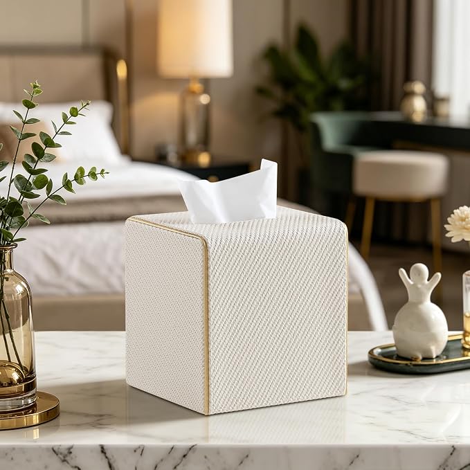 Square PU Leather Tissue Box Cover with Magnetic Closure, Decorative Tissue Holder & Storage Container for Bedroom, Living Room, Dining Room, Bathroom, Countertop, Desk (Square Off-White Twill)