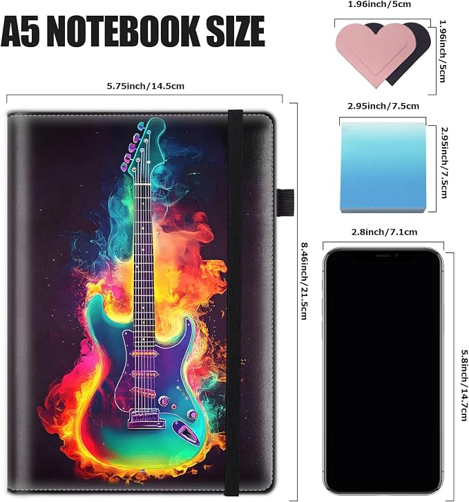 Hardcover Executive Notebooks, A5 PU Leather Lined Journal Notebook, 200 Pages Thick Paper Subject Notebooks for School,Work,Home Writing Business Notebook, Diary Book ，Guitar Colorful Music