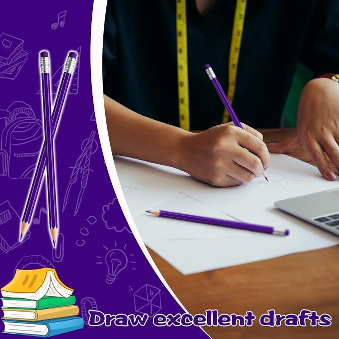 24PCS Erasable Colored Pencils with Eraser Pre Sharpened Pencil 2 HB - Ideal for Checking, Grading, Tests & Office/School Supplies (Purple)