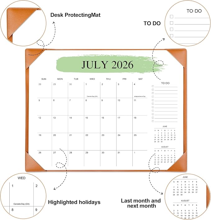 Desk Calendar 2026-2027 with Desktop Mat （22" x 17"）– Jul. 2026 - Dec. 2027 (Brown)