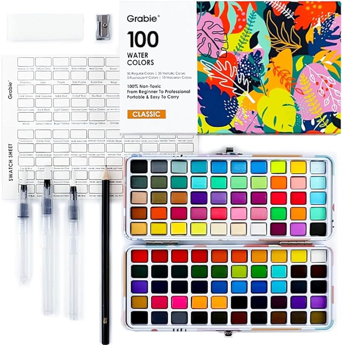 Grabie 100 Colors Watercolor Paint Set - 50 Regular, 35 Metallic, 10 Macaron and 5 Fluorescent Colors - Portable with Carrying Case, Water Brush Pens, and Accessories - For Beginners and Professionals, Set of 100