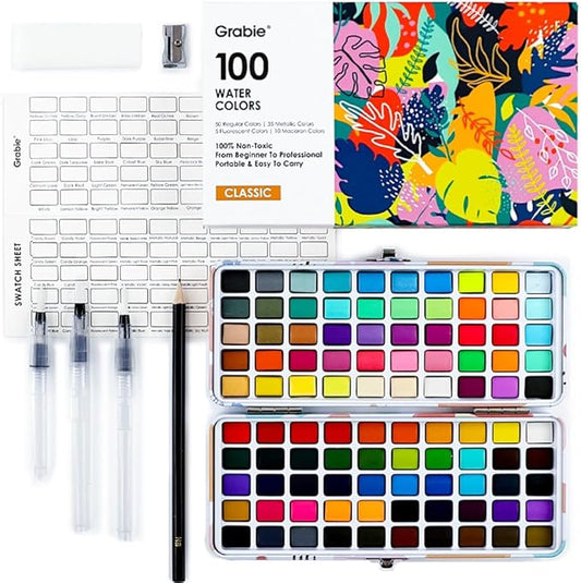 Grabie 100 Colors Watercolor Paint Set - 50 Regular, 35 Metallic, 10 Macaron and 5 Fluorescent Colors - Portable with Carrying Case, Water Brush Pens, and Accessories - For Beginners and Professionals, Set of 100