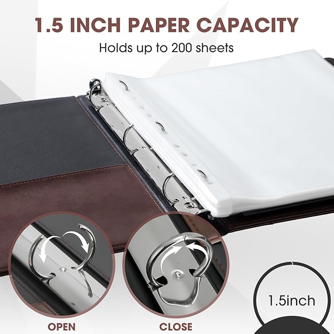 Yexiya 4 Pcs Vintage Hardback 3 Ring Binder Planner Portfolio Leather Round Ring Binder Organizer Holds 200 Sheets with 2 Inner Pockets, 13 x 10 Inch(1.5 Inch,Brown)