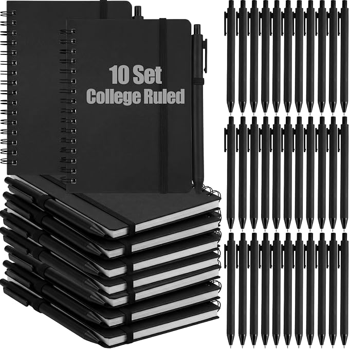 Fulmoon 10 Set Small Spiral Notebooks A6 with Pens Bulk, Multicolor 4" x 6" Pocket Notebooks Mini Lined Journals 50 Sheets for Back to School Supplies Students Rewards Office Gifts (Classic Black)