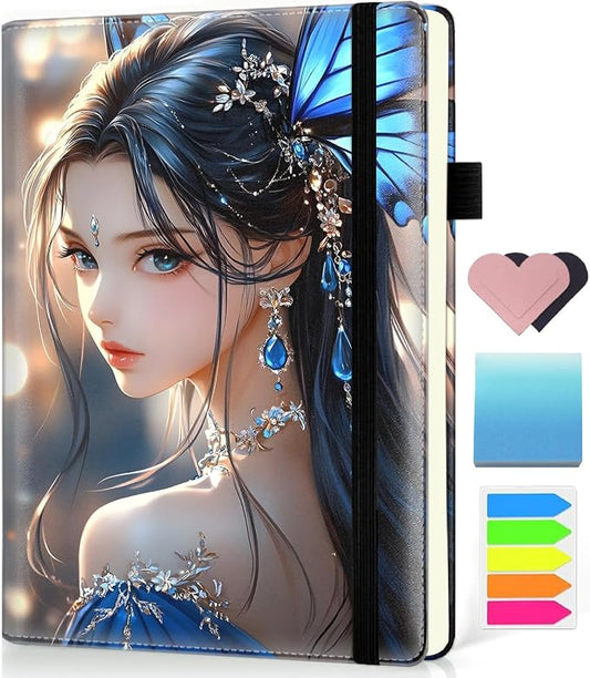 Hardcover Executive Notebooks, A5 PU Leather Lined Journal Notebook, 200 Pages Thick Paper Subject Notebooks for School,Work,Home Writing Business Notebook, Diary Book ，Anime Girl
