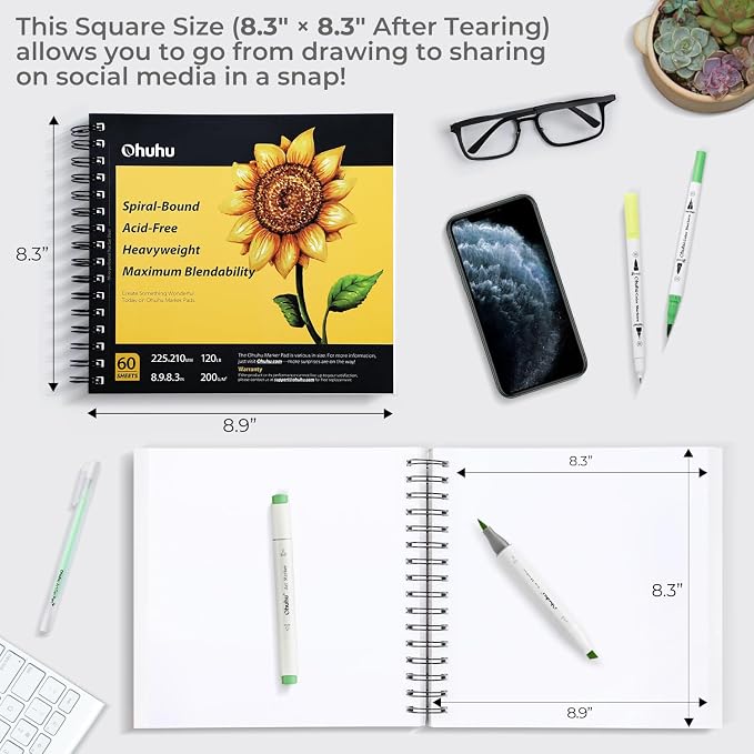 Ohuhu 8.3"x8.3" Marker Paper Pad Art Sketchbook for Drawing and Sketching | Square Sketch Book - 120 LB/200 GSM Smooth Drawing Paper - 60 Sheets/120 Pages - Spiral-Bound Sketch Pad for Alcohol Markers
