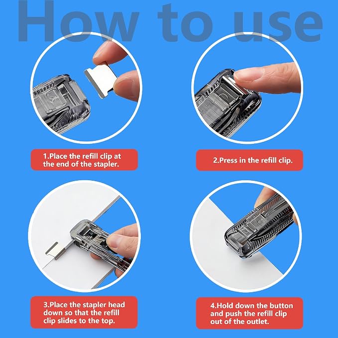 Reusable Portable Binder Clip Stapler Set (2-Pack) — 40-Sheet Capacity, Includes 140 Metal Refill Clips (40 Silver + 100 Assorted Colors) — Ideal for Home, School, and Office Use (Black & White)