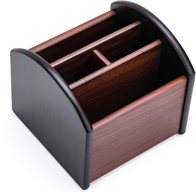 MaxGear Remote Control Holder Caddy, Wooden Desk Organizer, 4 Compartments | 360° Rotating Wooden Caddy; 4 Compartments for Remotes & Desk Supplies; Anti-Slip Base