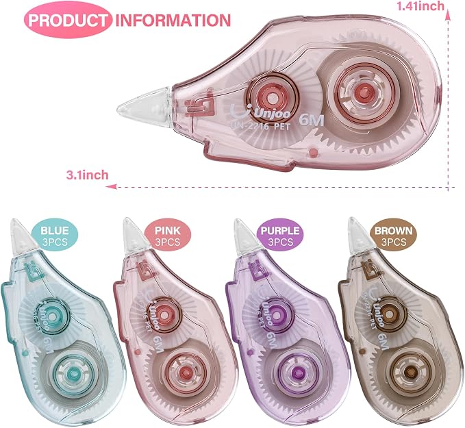 Unjoo White Correction Tape (12pack, 6M/256, Tape Width 0.2in, 4 colors) | Easy To Use Applicator, Fast, Clean Tear-Resistant Tape For school Supplies, Office