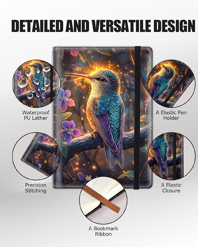 Hardcover Executive Notebooks, A5 PU Leather Lined Journal Notebook, 200 Pages Thick Paper Subject Notebooks for School,Work,Home Writing Business Notebook, Blooming Flower and Hummingbird
