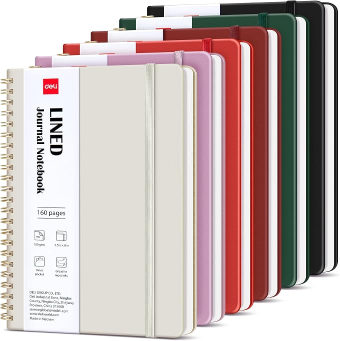 deli 6 Pack Lined Spiral Journal Notebook, 160 Pages, A5 (5.5"x8") Hardcover Writing Notebook, College Ruled Spiral Bound Journal for Women & Men - Perfect for Work, School, Office & Note Taking