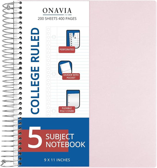 ONAVIA Pink 5 Subject Spiral Notebook College Ruled, 400 Pages | 200 Sheets, 9 x 11 in, 6 Pack Waterproof Plastic Cover, Durable, School Notebooks, Classroom, Teachers