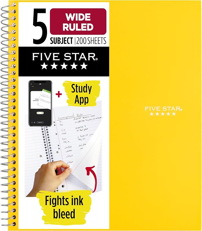 Five Star Spiral Notebook + Study App, 5 Subject, Wide Ruled Paper, 8" x 10-1/2", 200 Sheets, Fights Ink Bleed, Water Resistant Cover, Harvest Yellow (73469)
