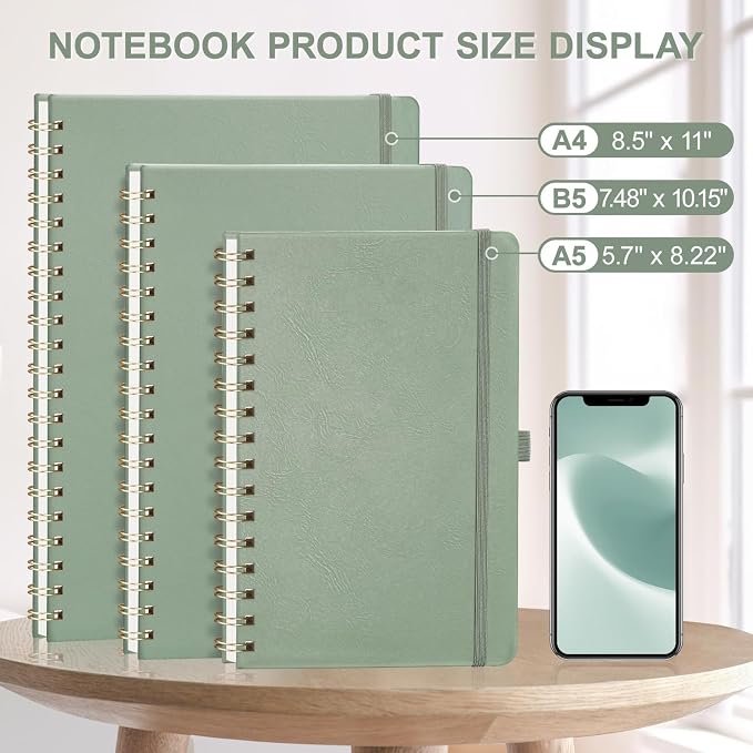 AHGXG Lined Spiral Journal Notebook, 140 Pages, B5 (7.6" x 10") | Journals for Women, Hardcover Leather Notebook College Ruled, 100 GSM Paper, for Work School Note Taking (Sage Green)