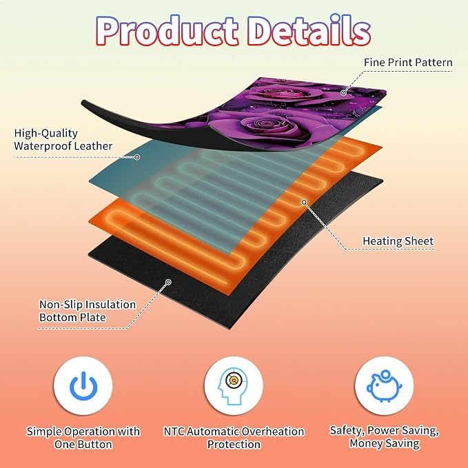Heated Desk Pad Large Mouse Pad 31.5 x 13 inch with 3 Levels Heating & Auto Shut-Off Warm Mouse pad PU Leather Computer Mousepad for Home Office Work - Purple Rose Flowers