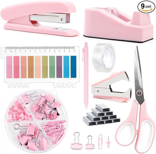 Office Supplies,Pink Desk Accessories,Office Supplies Set,Stapler and Tape Dispenser Set,Scissors,Staple Remover,Binder Clips,Staples,Ballpoint Pen,Index Tabs with Ruler,Clear Tape.9pcs for Office
