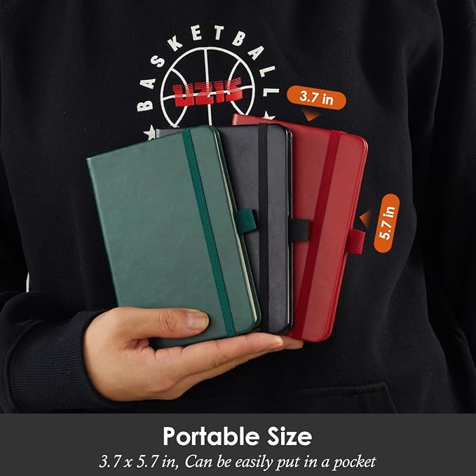 NIRMIRO Small Notebook Journals, 3 Pack Mini Pocket Note pads for Men & Women Writing, A6 Small Leather Notepad 3.7" x 5.7" with Pen, Black, Red, Green