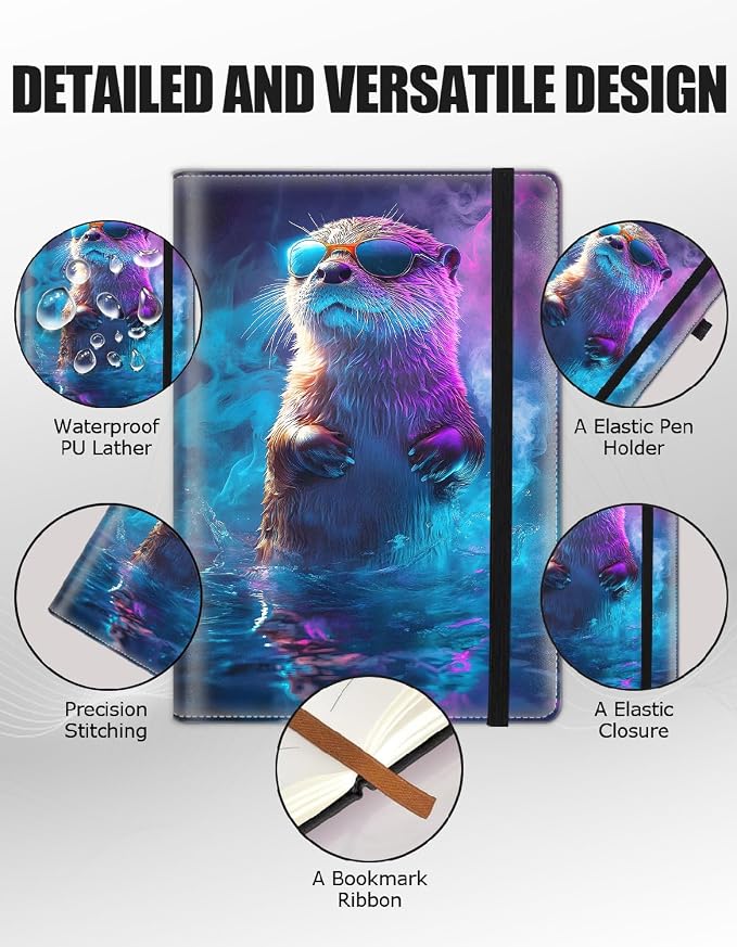 Hardcover Executive Notebooks, A5 PU Leather Lined Journal Notebook, 200 Pages Thick Paper Subject Notebooks for School,Work,Home Writing Business Notebook, Diary Book ，Colorful Sea Otter Paint