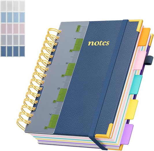 XYark A5 Hardcover Spiral Notebook, 6.3"x8.5" College Ruled Notebooks with Removable Divider Tab & Ruler, 5 Subject Notebook 300 Pages, Small Lined Journal for Women Men School Work Office, Noble Blue