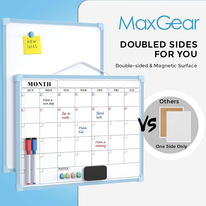MaxGear Monthly Calendar Dry Erase Board for Wall, 16"x12", Blue Frame | Double-Sided, Hanging Small White Board, Portable Whiteboard for Planning, Drawing, Memo, to Do List, Home, Kitchen, Office