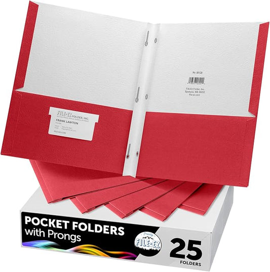 FILE-EZ Two-Pocket Folders with 3-Prong Fasteners, Red Color, 25-Pack, Durable Textured Paper, Matte Finish, Letter Sheet Size (EZ-92558)