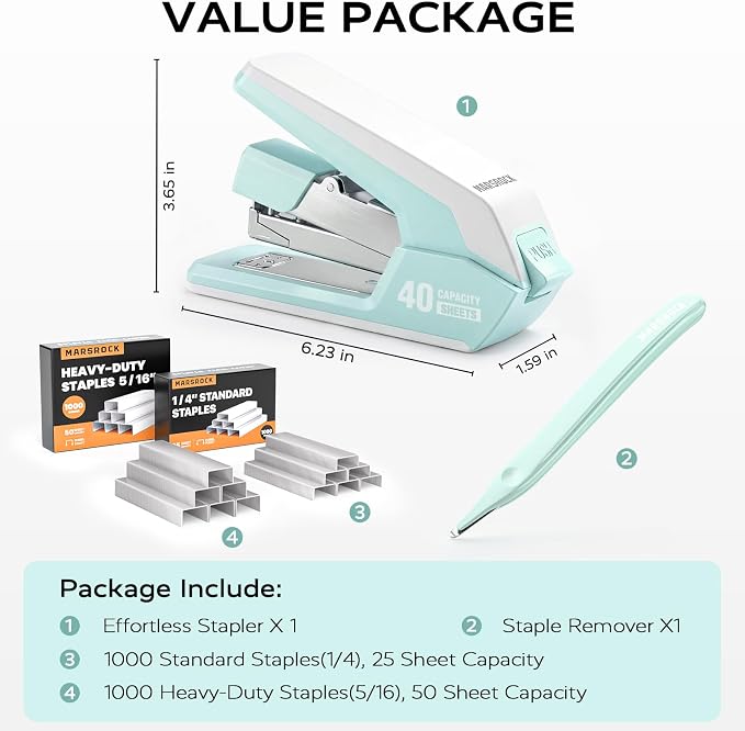 Marsrock Effortless Stapler for Desk with 40-50 Sheet Capacity, 2000 Staples, 1-Touch Stapling, Easy to Load Desktop Staplers, Heavy Duty Stapler, Magnetic Staple Remover, School Supplies, Green