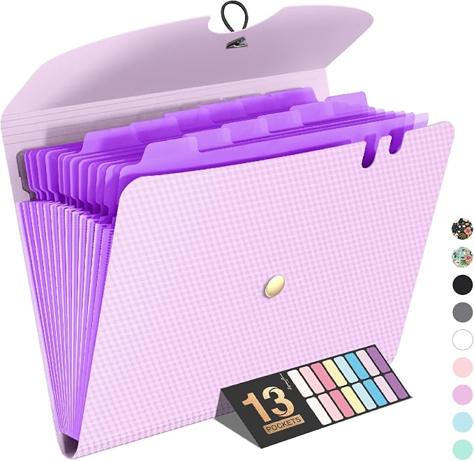 Sooez Expanding File Folder, 13 Pocket Accordion File Organizer, Monthly Expandable File Folder for Documents with Labels, Portable Bill Receipt Organizer for School Office Supplies, Letter A4 Size