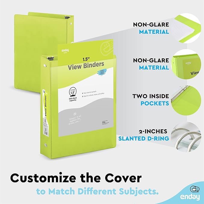 Enday 1.5 Inch Binder (12 Pack - Assorted Colors) 3 Ring Binder 1.5 inch with Clear View Cover and 2 Inside Pocket - for Letter Size 8.5 x 11'' Paper, Ideal for School Supplies, Office, and Home