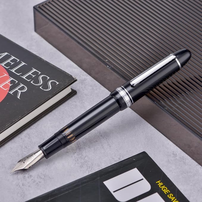 Yongsheng Junlai 930 Acrylic Fountain Pen, Size 9 Broad Nib with Piston Filling System, Piano Black Fence Ink Tank with Torpedo Shape Design Large Hand Pen (Silver Trim)