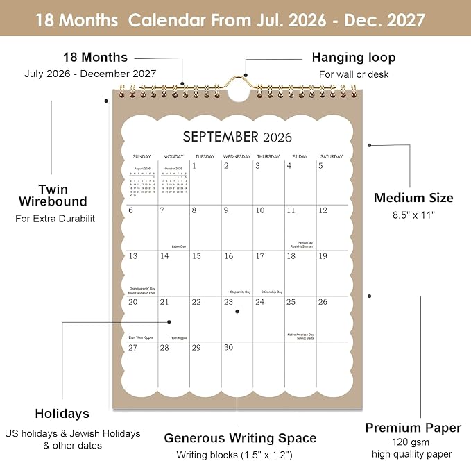 2026 Calendar - 2026-2027 Wall Calendar, July 2026- December 2027, 8.5'' x 11'' Small Calendar, 18-Month Vertical Wall Calendar with Twin-Wire Binding, Hanging Hook & Thick Paper
