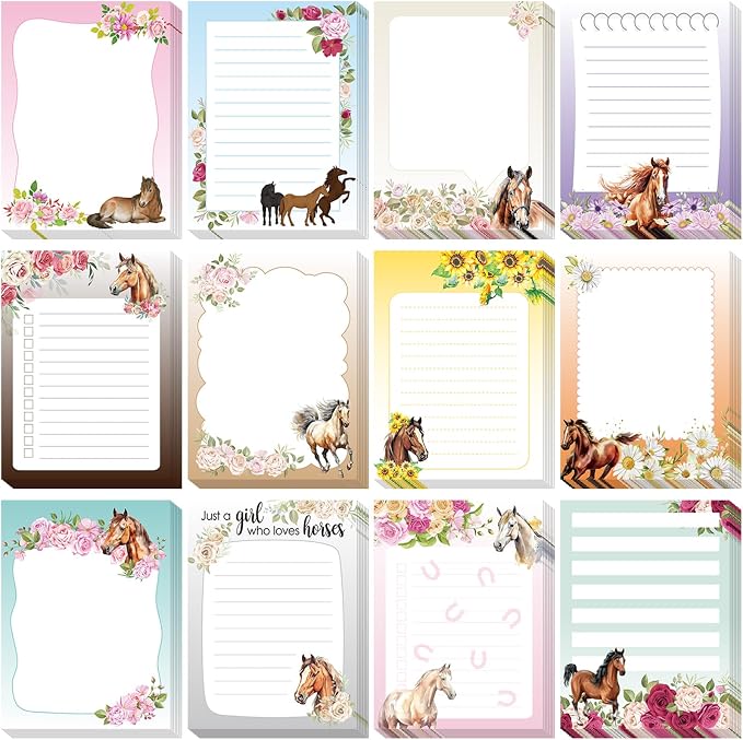 Chiisong 12 Pieces Horse Sticky Notes to Do List Notes Horses Lover Gift for Women, 3x4 Inch Animal Writing Memo Pads Flower 30 Sheet Pads, Animal Self Stick Memo Office Supplies Cute Small Gift