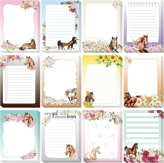 Chiisong 12 Pieces Horse Sticky Notes to Do List Notes Horses Lover Gift for Women, 3x4 Inch Animal Writing Memo Pads Flower 30 Sheet Pads, Animal Self Stick Memo Office Supplies Cute Small Gift