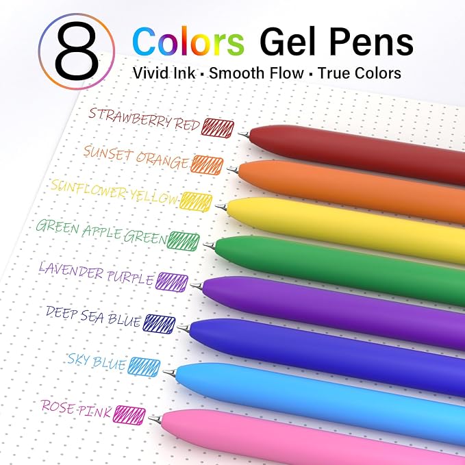 Colored Gel Pens, 8 Pack Fidget, 0.7mm Vibrant Color Ink No Smudge | Fine Point Smooth - Quick-drying Soft Grip, Coloring Pens for Journaling, Cute School & Office Supplies, Gift for Women Men