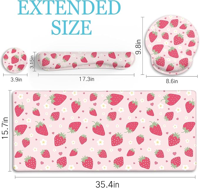 LIMKRIAN Strawberry Mouse Pad Large Desk Mat Set, Pink Ergonomic Mouse Pad | Wrist Rest for Computer Keyboard, Memory Foam Wrist Support, Coaster, Desk Pad, Cute Office Desk Decor Accessories Supplies