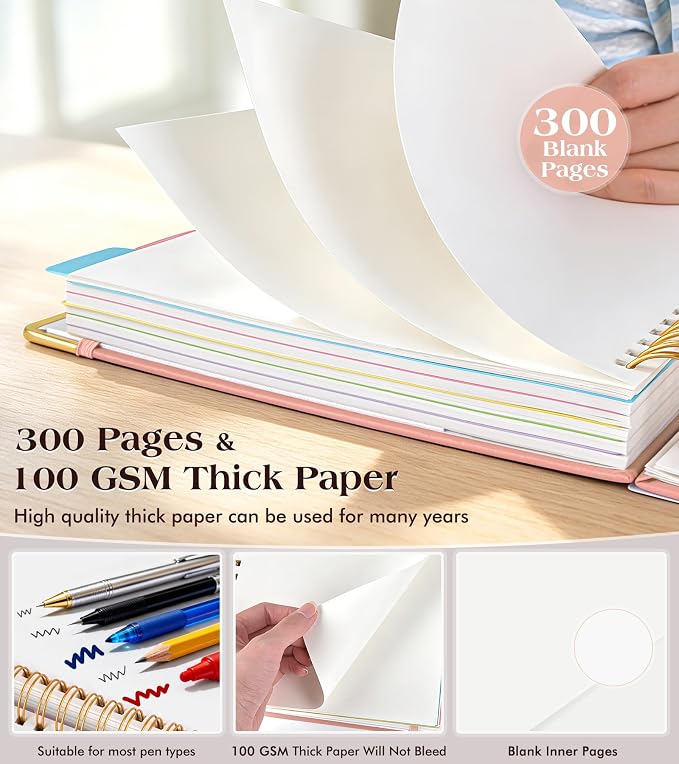 5 Subject Blank Notebook with Removable Dividers Tabs, 300 Pages Hardcover Leather Sketch Book Spiral Journal, 8"x10" B5 Large Sketchbook Notebooks for Women Men Work School Sketching Drawing, Pink