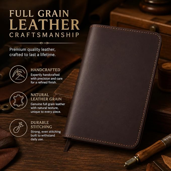 Full Grain Leather A5 Journal Cover for 5.75 x 8.25 in Hardcover Notebook, Refillable Leather Notebook Cover with Pen Loop, Compatible with Leuchtturm1917, Moleskine & A5 Planners, Handmade (Dark Brown)