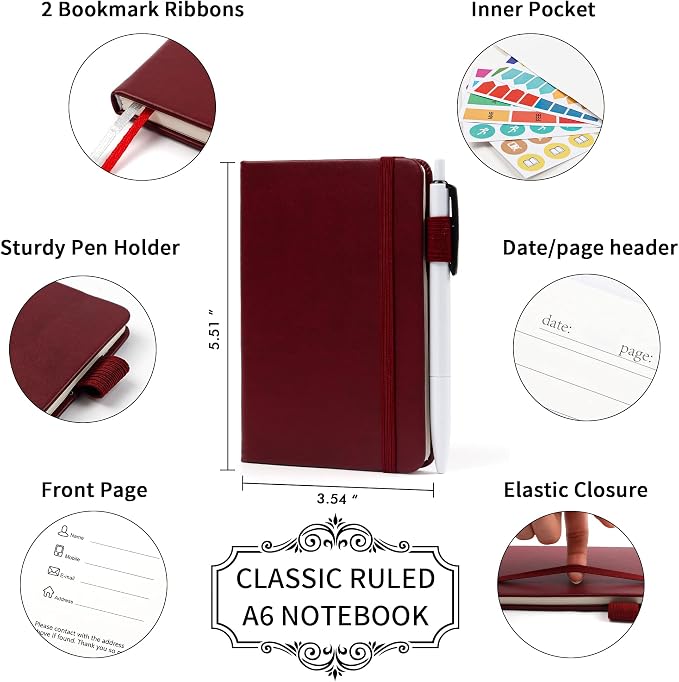 6 Pack Pocket Mini Notebooks Bulk, Feela Small Cute Memo Notepads Hardcover College Ruled Lined Journals with Pen Holder for School Business Work, with 6 Black Pens, 3.5”x 5.5”, A6, Wine