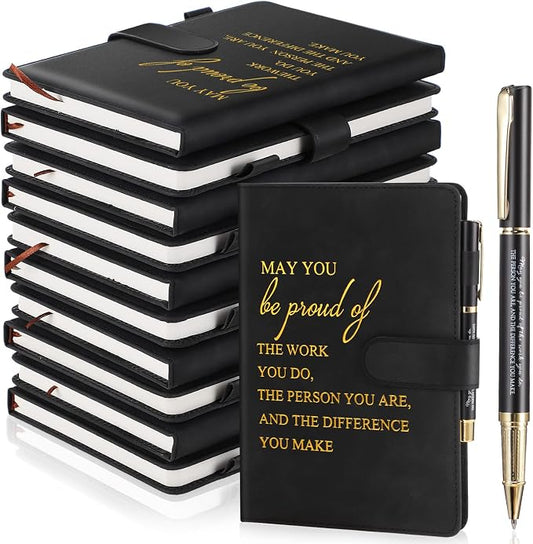 Kosiz 20 Pcs/10 Sets Employee Appreciation Gift Bulk A5 Leather Notebook Inspirational Journal Pen Thank You Gift for Men Women Coworker Teacher Office Back to School(Black,Proud)