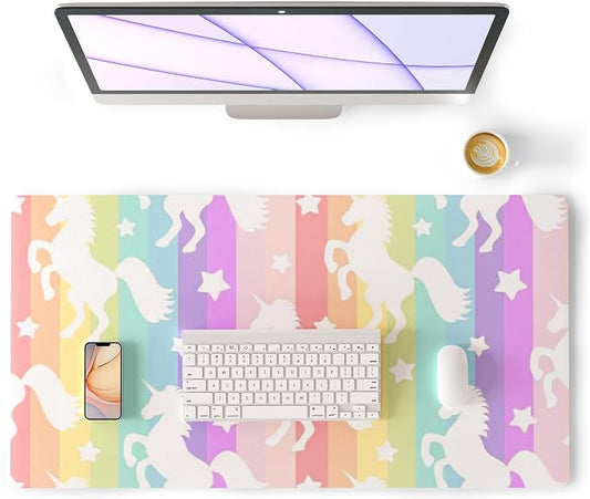 Colorful Star Pink Unicorn PU Leather Waterproof Desk Pad, 31.5" x 15.7" | Girls Women Cute Desk Mat, Rainbow Desk Accessories Kawaii Office Décor, Non-Slip Large Writing Mat for Kids