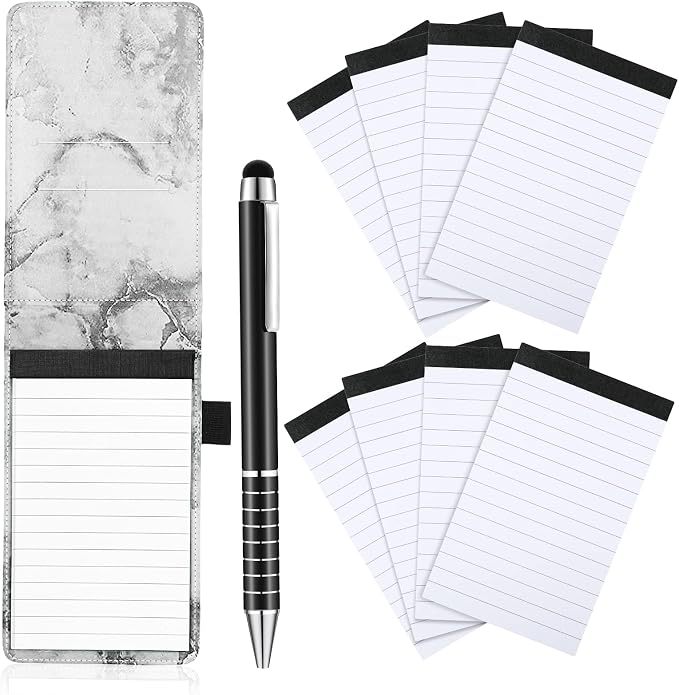 Outus 10 Pcs Mini Pocket Notepad Holder Set Included Small Leather Pocket Notebook Holder with 50 Lined Sheets, Metal Pen, 8 Pcs 3 x 5 Inch Memo Book Refills, 30 Lined Paper Per Note Pad(Marble Color)